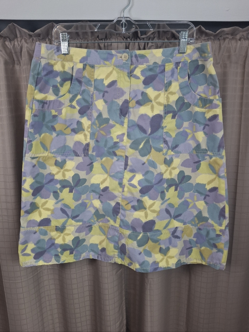 J Jill Knee Length Skirt Yellow Blue Pastel with Pockets Zip Closure Size 14